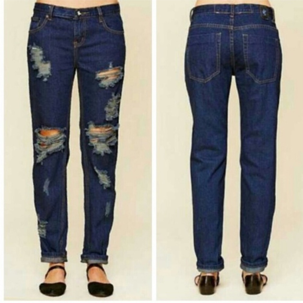 One Teaspoon Awesome Baggies Mid Rise Dark Wash Blue Distressed Jeans EUC Sz 26